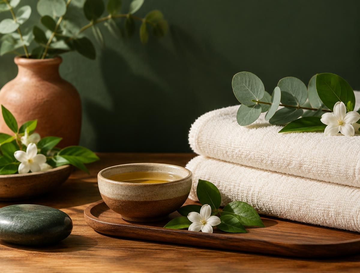 Fresh towels, botanicals and massage oil
